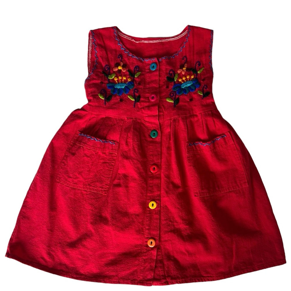 Embroidered red dress from Guatemala, 2-3 years